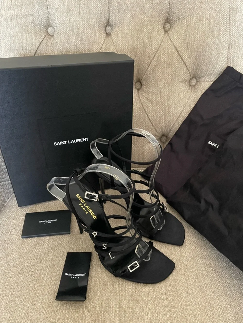 Saint Laurent Jerry Sandals Black Satin Rhinestone YSL Heels EU39 US9 NIB - Picture 15 of 16